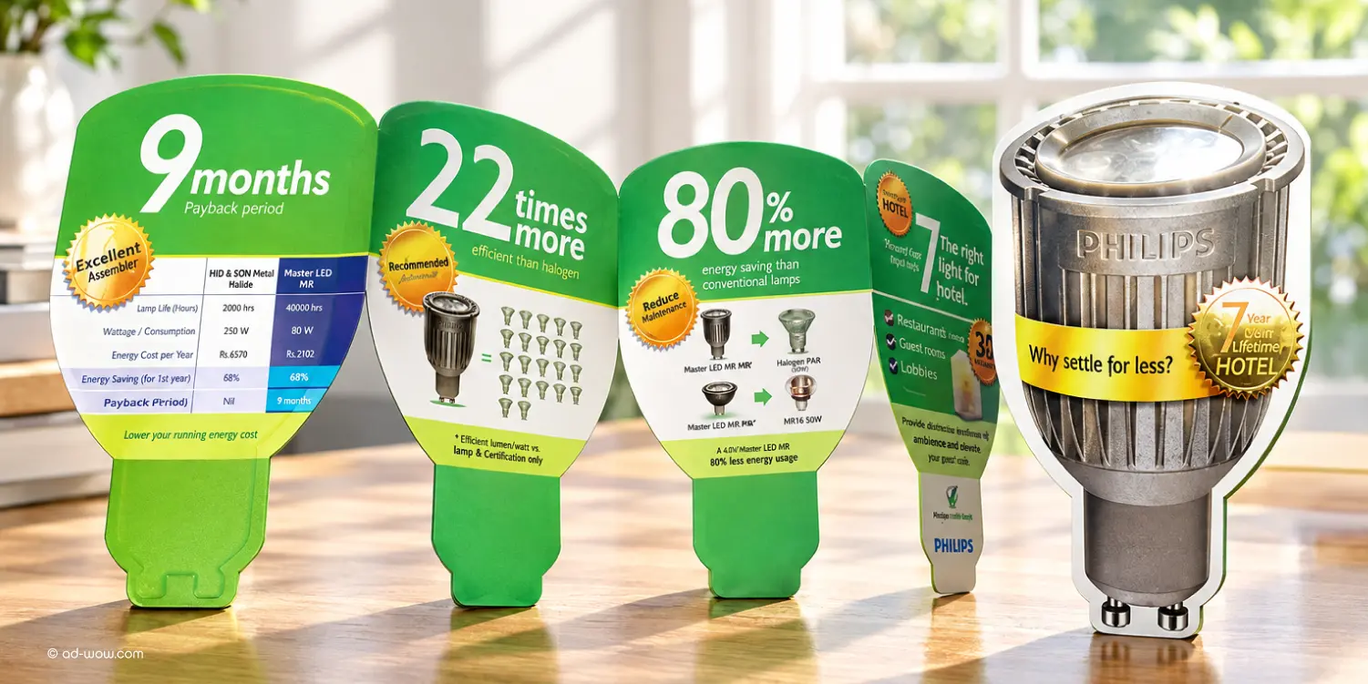 Die-cut Philips LED print collaterals highlighting 9-month payback, 22 times efficiency and 80% energy saving